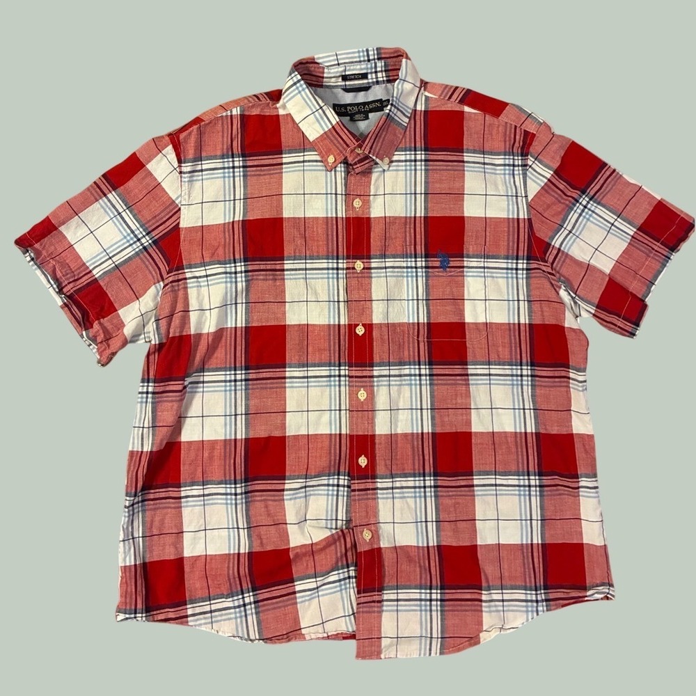 US Polo Assn Mens 2XL Red Plaid Short Sleeve Button Down Shirt Stretch Preppy